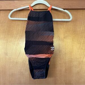 Speedo Endurance Black and Orange One Piece Swimwear Athletic Race Suit